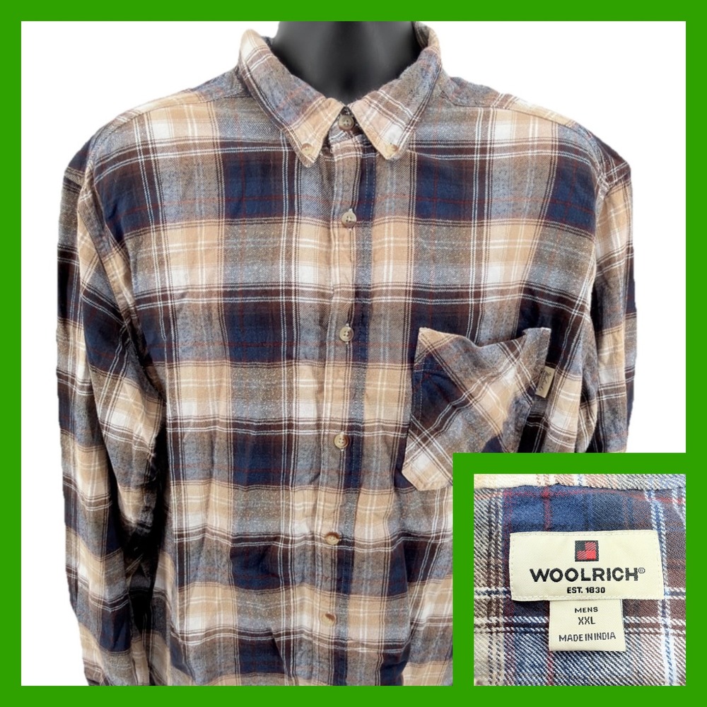Woolrich Mens XXL Plaid Flannel Shirt‎ 100% Cotton Brown Blue Button Up Heritage